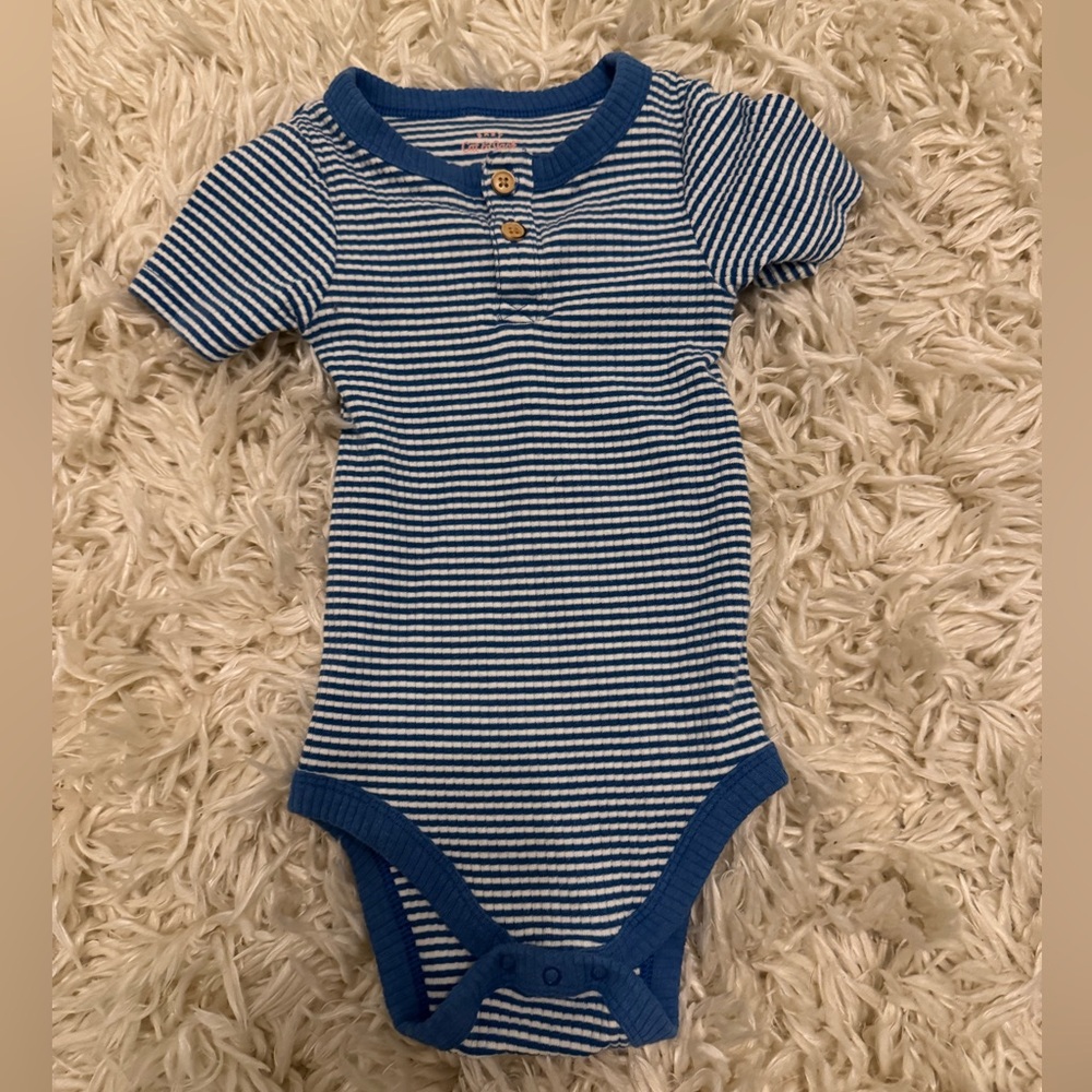Blue Stripes Button Up Soft Short Sleeve T-Shirt Onesie One Piece 18 Month